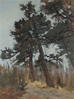 A moody landscape painting of a towering pine tree against a pale sky.
