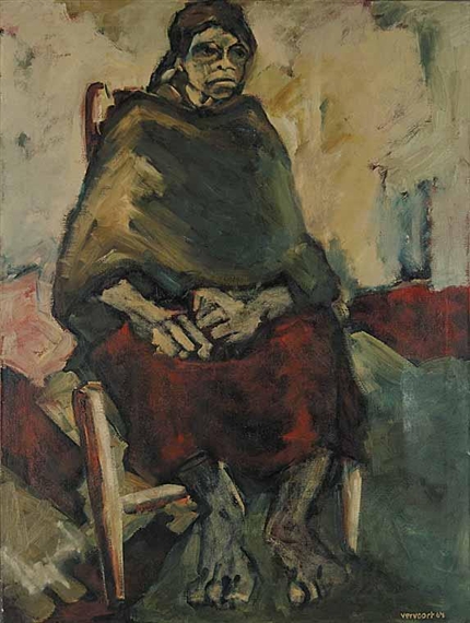A somber figure sits in a wooden chair, wrapped in a dark shawl against a textured background.