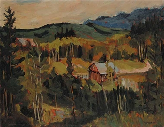 A rustic landscape painting featuring a small red barn nestled among trees and rolling hills under a soft sky.