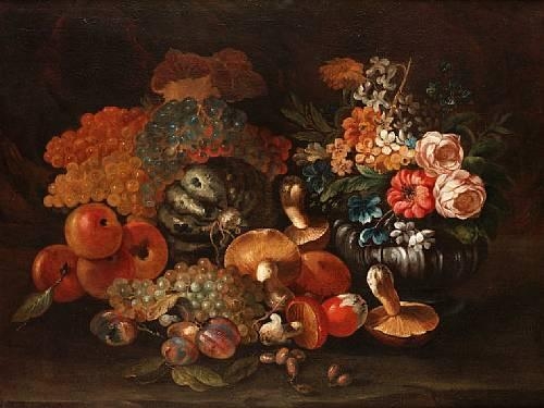 Artwork by Luca Forte, Mushrooms, plums, peaches, grapes and other fruit in a landscape, Made of oil on canvas