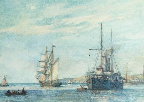 An outward-bound barquentine passing a cruiser outside a harbour by Bernard Finegan Gribble