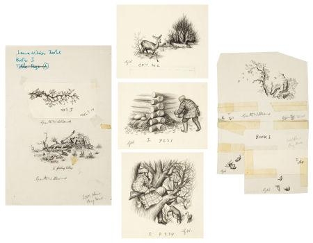 6 works: Little House in the Big Woods: The Deer in the Wood, Preparing for Winter; Pa's Debate; and three illustrations comprising the front matter