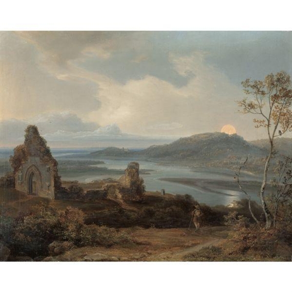 RUINE EINER KAPELLE IN DER NÄHE EINES FLUSSES BEI AUFGEHENDEM MOND (RUIN OF A CHAPEL NEAR A RIVER WITH RISING MOON) by Carl Rottmann, circa 1820