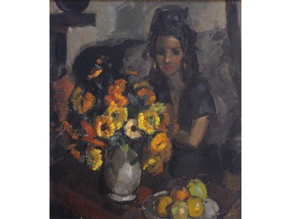 A Woman with a Bowl of Flowers and a Plate of Fruit