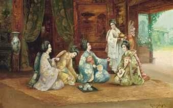 Japanese ladies taking tea, with a garden beyond - R. Yoshida