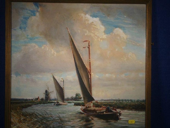 Broads scene with boats and distant windmill by Charles Mayes Wigg