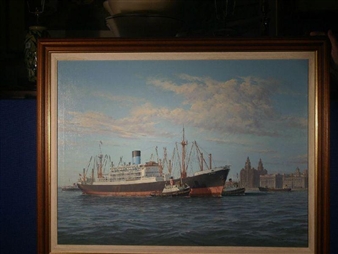 SS Pyrrhus in the Mersey with tugs alongside and the Liver Buildings - Keith Griffin
