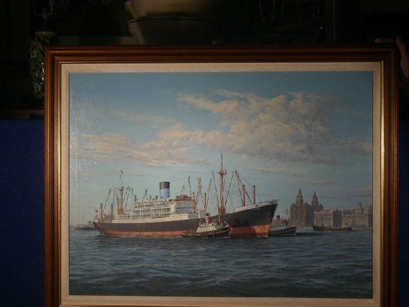Artwork by Keith Griffin, SS Pyrrhus in the Mersey with tugs alongside and the Liver Buildings, Made of oil on canvas