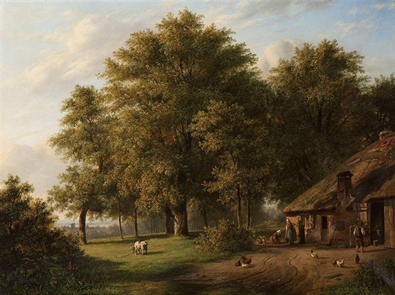 A pastoral landscape featuring a rustic cottage, grazing animals, and large trees under a soft sky.