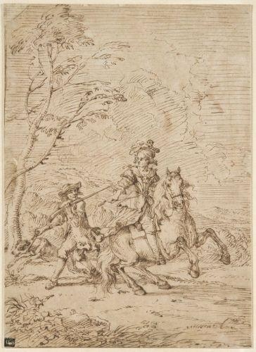 Cavalier et son valet de chien chassant by German School, 18th Century, 18th century