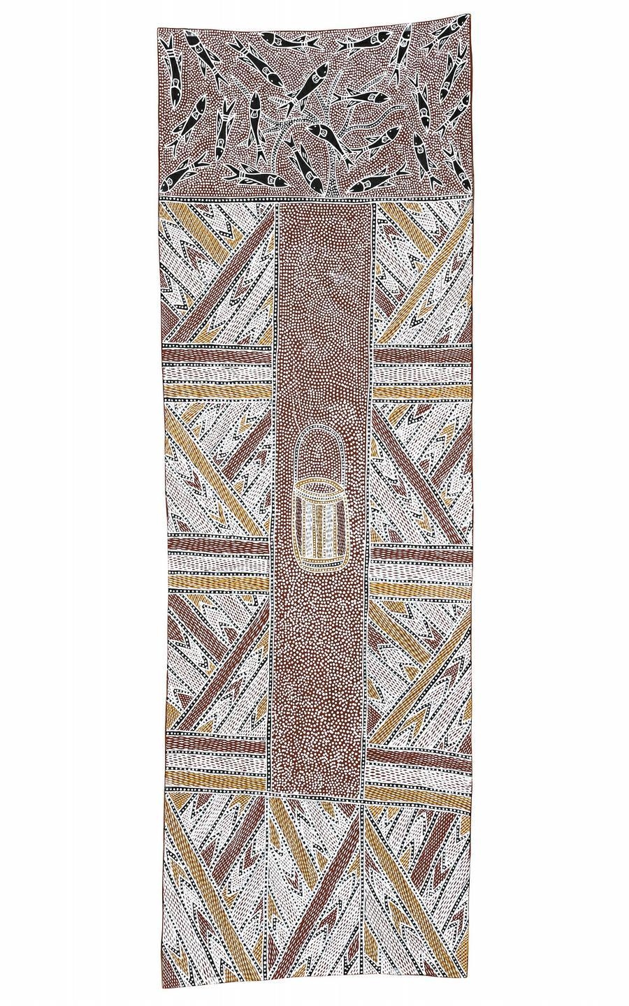 Artwork by Ralwurrandji Wanambi, GARKAIWUY, Made of natural earth pigments on eucalyptus bark