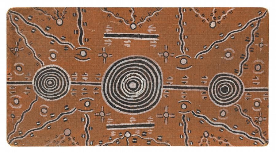 Artwork by Tim Leura Tjapaltjarri, MALA (ROCK WALLABY) STORY, Made of synthetic polymer paint on composition board