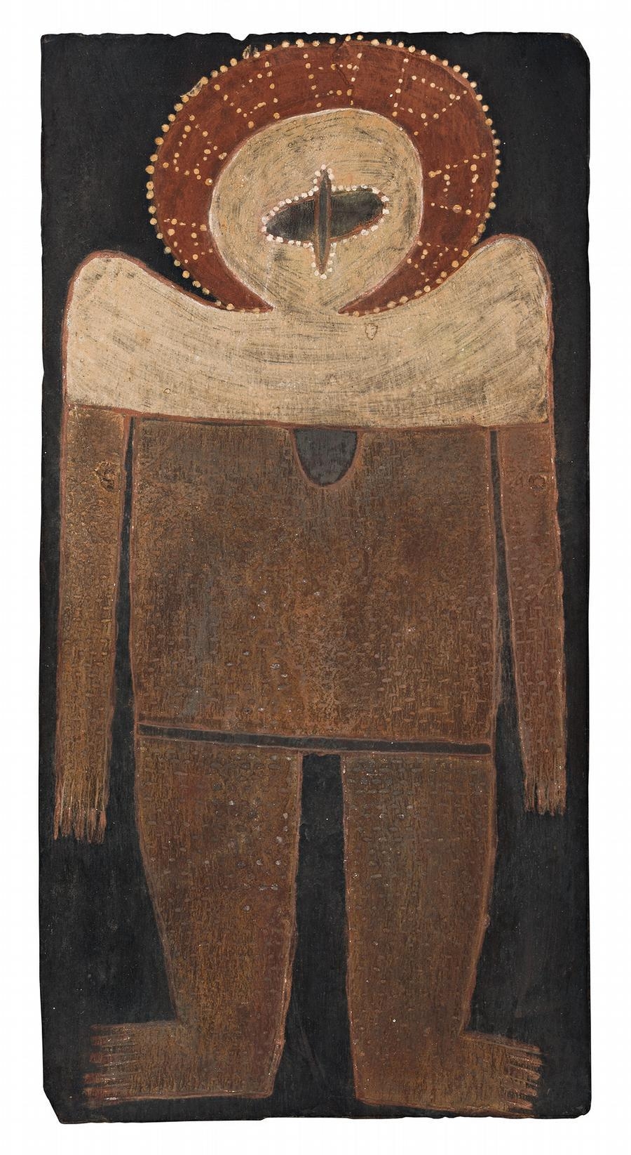 Artwork by Alec Mingelmanganu, WANJINA, Made of natural earth pigments on engraved and pecked slate roof tile