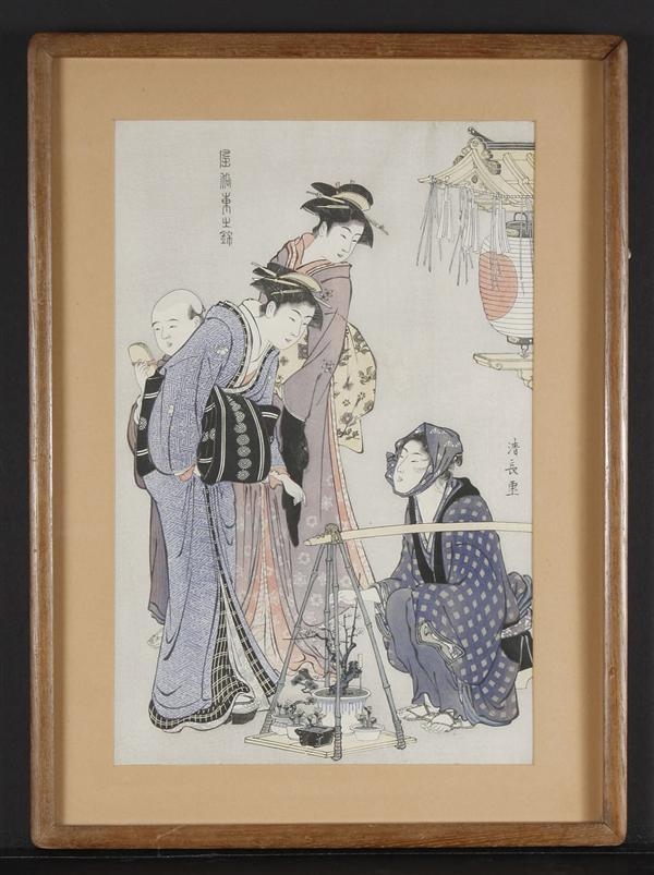 Artwork by Torii Kiyonaga, "Ueki fukujuso uri" ("Plant Seller"), Made of woodblock on paper