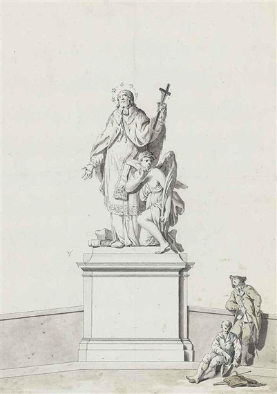 Two young pilgrims before a statue of a bishop saint and an angel by German School, 18th Century, 18th Century