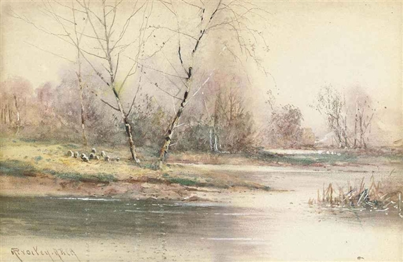 Sheep grazing on the banks of a river by Albert Procter