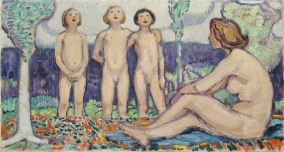 FRAU MIT SINGENDEN KINDERN (SUPRAPORTE) by Ludwig von Hofmann, 1918/1919