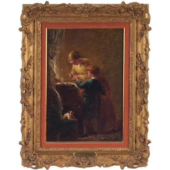 A framed oil painting of a woman and child at a table with a small dog.
