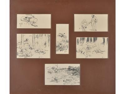 6 works: Illustrations, sculpture - and motives from nature by Bruno Liljefors, circa mid 1880s