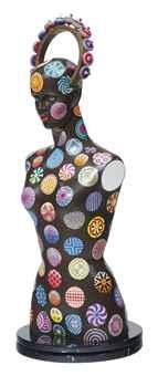 Artwork by Pedro Friedeberg, Mujer tatuada, Made of acrylic and ink on mannequin with painted wood spinning tops, mirrors and black marble base