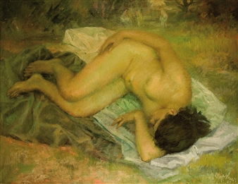 Desnudo femenino recostado en la hierba y bañistas - Guillermo Vargas Ruiz