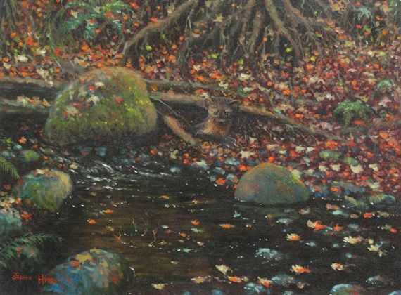 A serene autumn scene featuring a small animal peeking from behind fallen leaves near a stream.