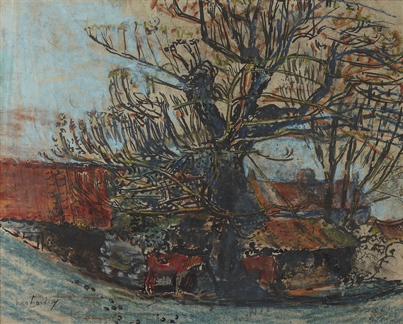 RED ROOFS, TREES AND COWS