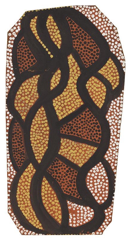 Artwork by Old Walter Tjampitjinpa, WATER DREAMING, Made of synthetic polymer paint on composition board