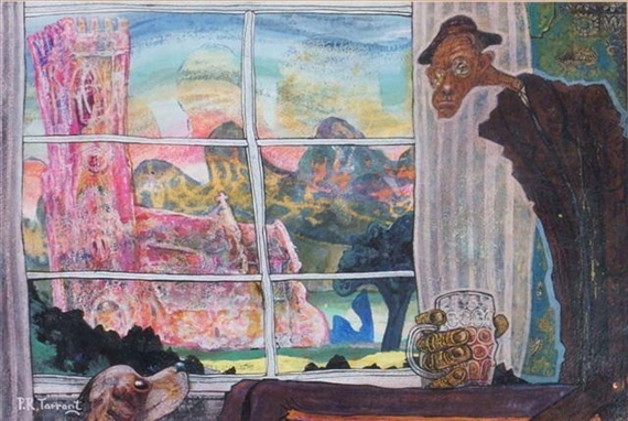 Old man with beer mug and dog by Peter Tarrant