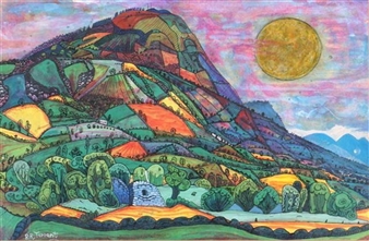 A vibrant, patchwork landscape featuring a colorful mountain under a pink sky with a large yellow sun.
