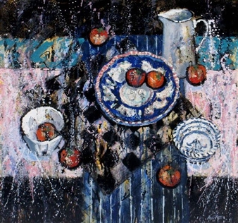 Still life - a table service with bowl of fruit, further bowls, jug and chess board - Angela Proctor