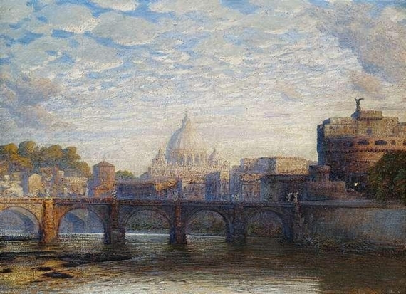 Rome. St. Peter's Basilica and Angels Castle seen from river Tiber by Max Roeder, 1924