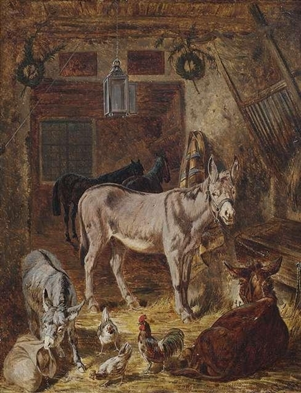 Stable interior with donkeys and horses by Franz Quaglio, 1891