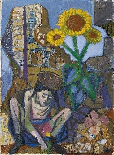 MÄDCHEN IN TRÜMMERN - MIT SONNENROSEN (GIRL IN RUINS - WITH SUNFLOWERS) by Otto Dix, 1950