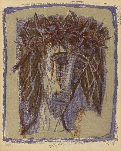 CHRISTUS - KOPF, NACH RECHTS BLICKEND, HAARE SCHULTERLANG, DUNKEL AUF HELLEM GRUND (CHRIST - HEAD, LOOKING TO THE RIGHT, HAIR SHOULDER-LENGTH, DARK ON LIGHT BACKGROUND) by Otto Dix, 1957
