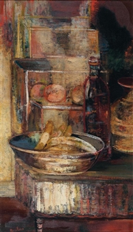 A rustic still life featuring a bowl of bread and fruit on a wooden surface.