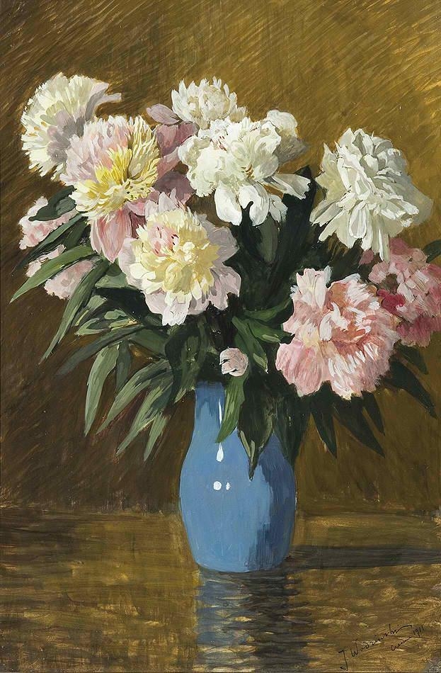 Artwork by Józef Wodziński, Peonies in a vase, Made of watercolour, gouache, paper