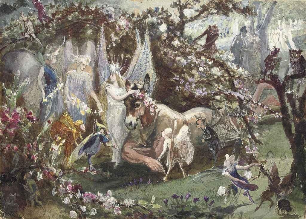 Artwork by John Anster Fitzgerald, Titania and Bottom from William Shakespeare's 'A Midsummer-Night's Dream', Made of pencil and watercolour with bodycolour and with gum arabic, on paper
