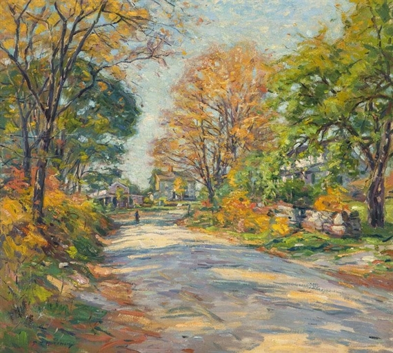 Figure Walking Along a Tree-Lined Street by Frank Townsend Hutchens