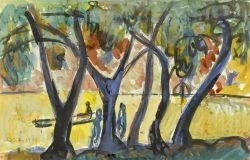 Boat on a river with trees in the foreground by Carl Walter Liner, 1950