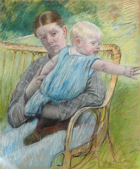 Artwork by Mary Cassatt, Mathilde Holding Baby who Reaches out to Right, Made of pastel on paper