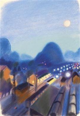 Artwork by Walter Honeder, Trains and Railtracks at Night, Made of pastel on paper