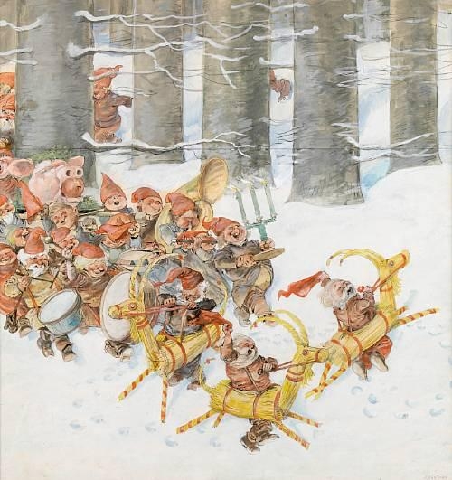 Artwork by Robert Högfeldt, Untitled, Christmas procession of elves, Made of Watercolor