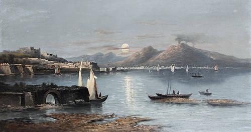 The Bay of Naples and Vesuvius in moonlight by R. Gould