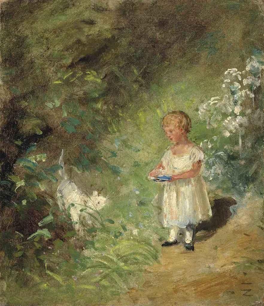 Study of a child in a garden with a dog, probably one of the artist's sons, the young John Charles Constable (1817-1841) or Charles Golding Constable (1821-1879) by John Constable