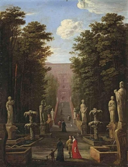 A view of the Villa d'Este and gardens, Tivoli, with elegant figures - Johann Wilhelm Baur