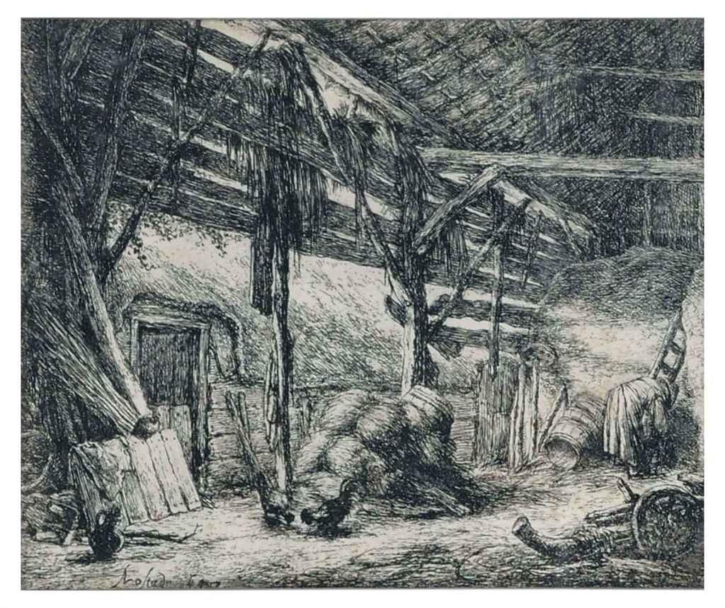 Artwork by Adriaen van Ostade, The Barn, Made of etching