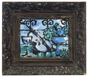 Untitled (Still life of a glass of wine, violin and fruit in a vase before a landscape) - P. Ravelle