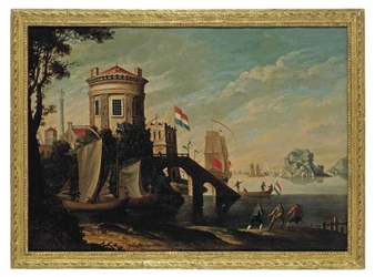 A capriccio of a coastal town with shipping - Peter Shee