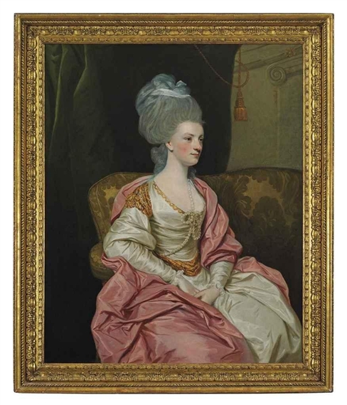 Portrait of Mrs. Thomas Edwards Freeman (1758-1782), three-quarter-length, in a white satin gown with a pink wrap, seated on a sofa in an interior by Sir Joshua Reynolds